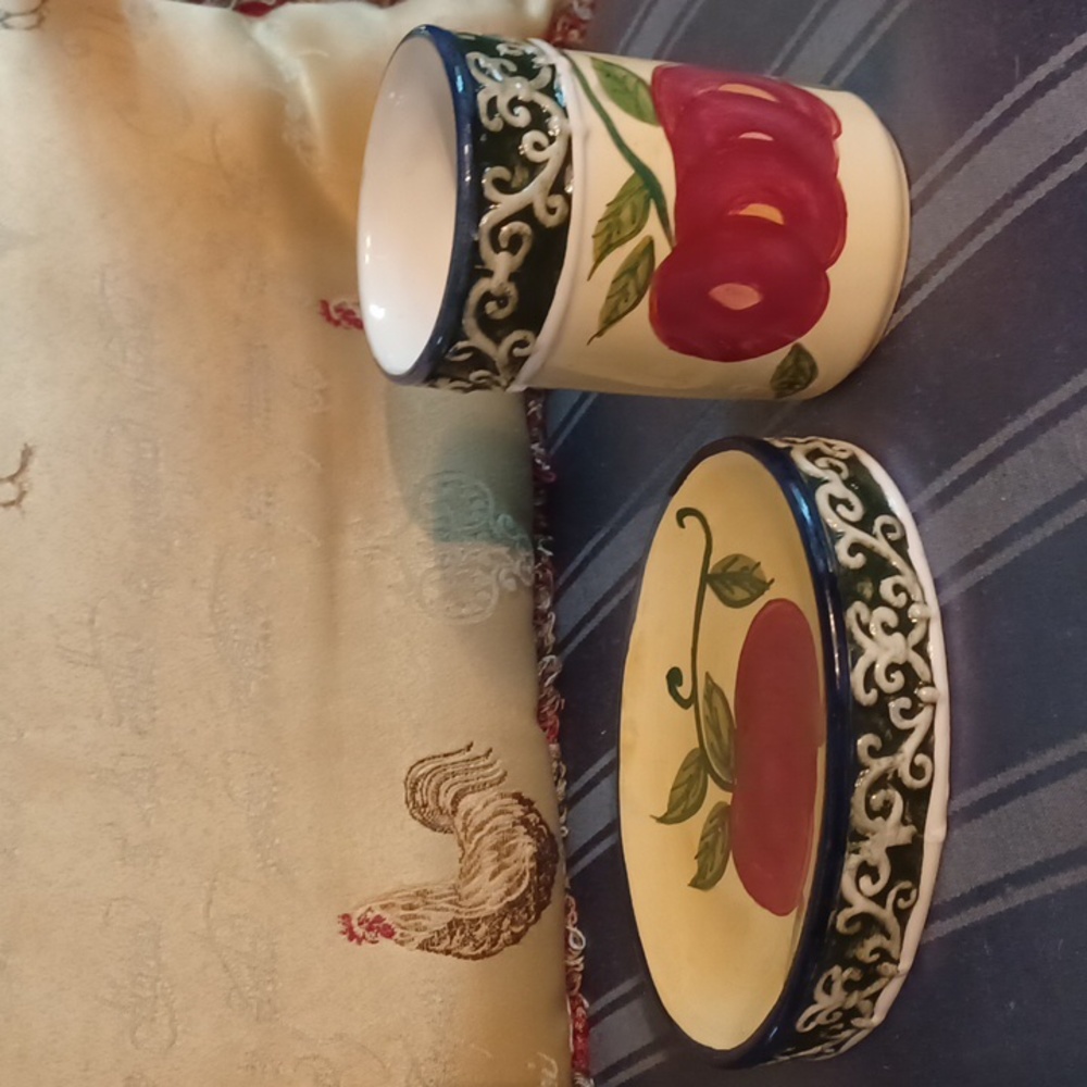 Apple Farmhouse set French counyry blue red yellow soapdish matching cup ceramic